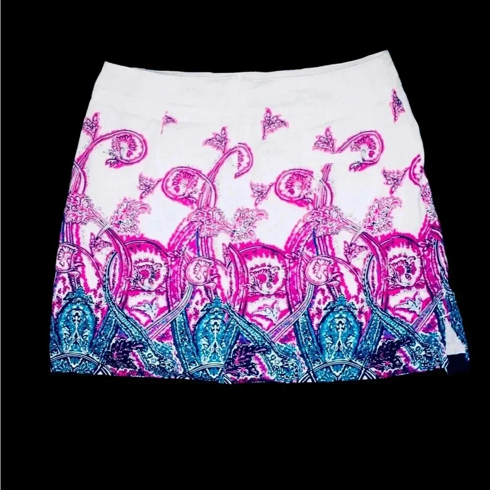 Lady Hagen White Mini Skirt with Pink and Teal Paisley Hem